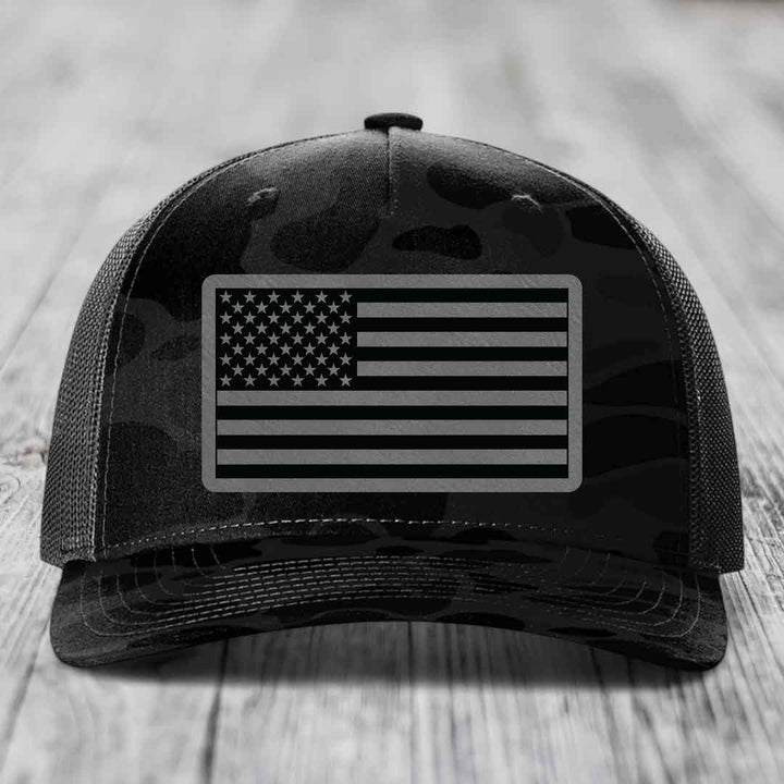 American Flag - Leather Patch Hat - Grey to Black Patch - Richardson 112PFP Snapback Trucker Hat