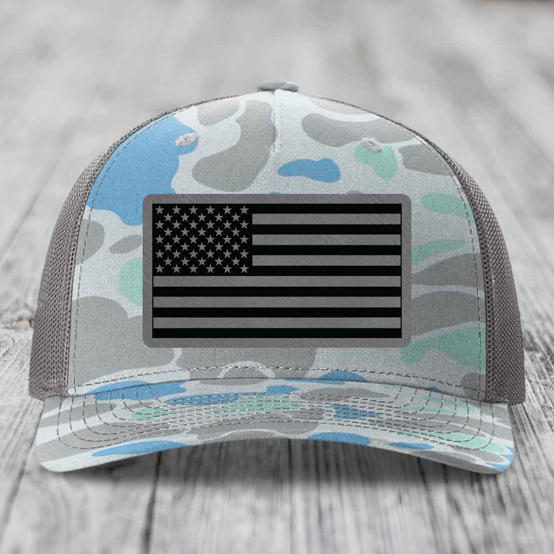 American Flag - Leather Patch Hat - Grey to Black Patch - Richardson 112PFP Snapback Trucker Hat