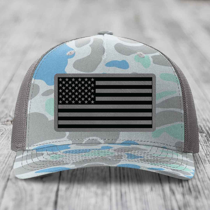 American Flag - Leather Patch Hat - Grey to Black Patch - Richardson 112PFP Snapback Trucker Hat