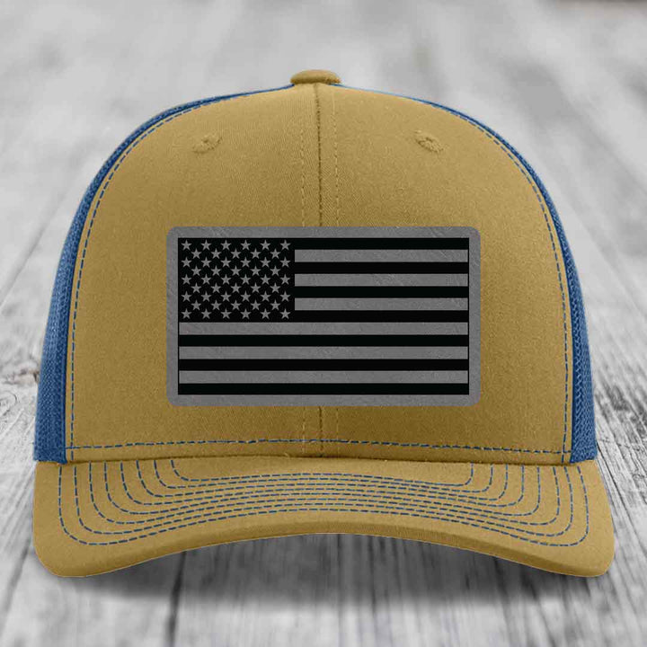 American Flag - Leather Patch Hat - Grey to Black Patch - Richardson 112 Snapback Trucker Hat