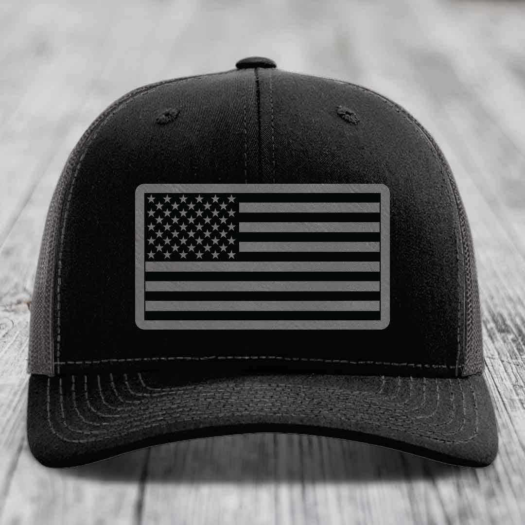 American Flag - Leather Patch Hat - Grey to Black Patch - Richardson 112 Snapback Trucker Hat