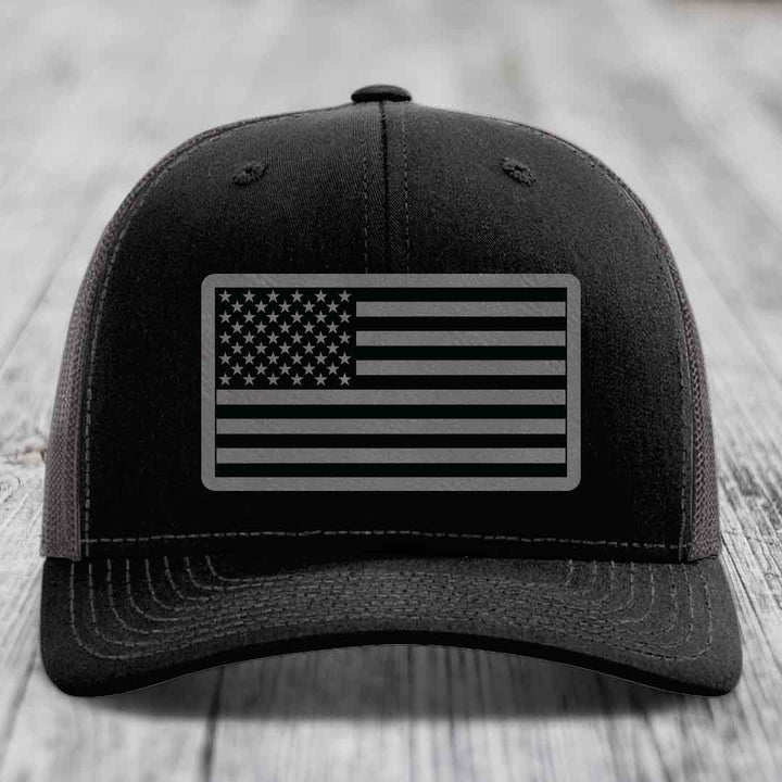 American Flag - Leather Patch Hat - Grey to Black Patch - Richardson 112 Snapback Trucker Hat