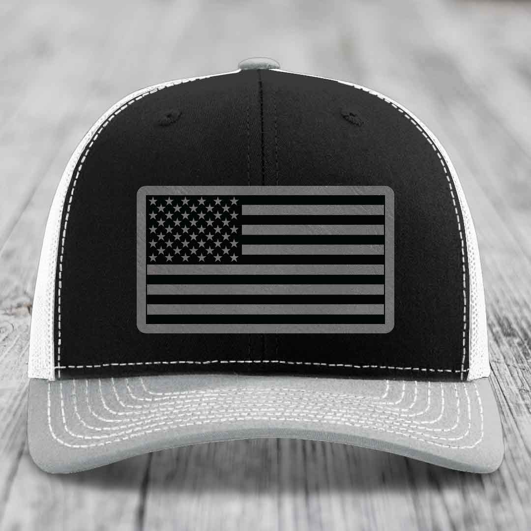 American Flag - Leather Patch Hat - Grey to Black Patch - Richardson 112 Snapback Trucker Hat