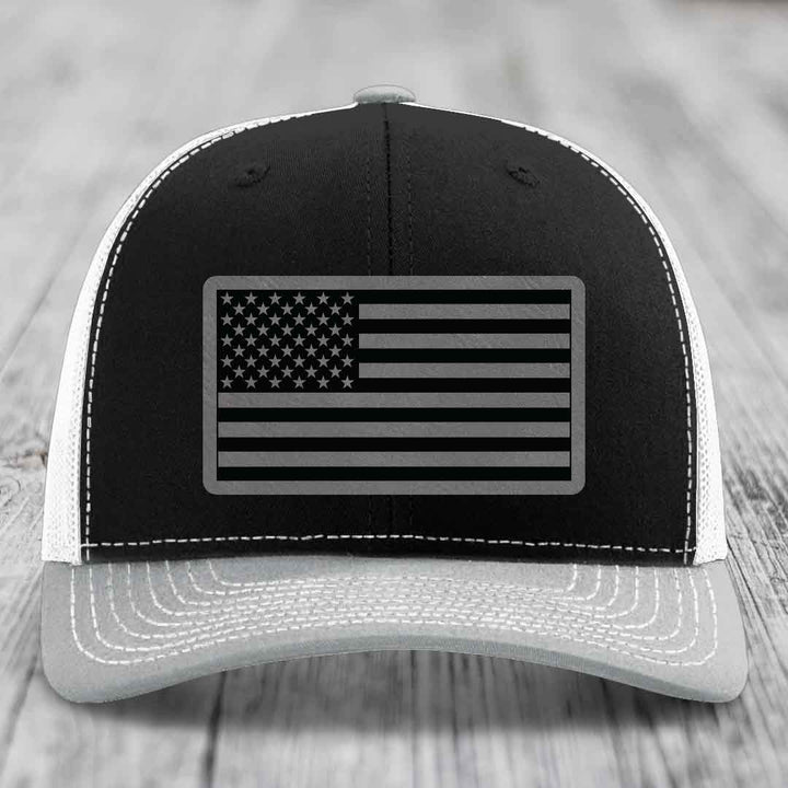American Flag - Leather Patch Hat - Grey to Black Patch - Richardson 112 Snapback Trucker Hat