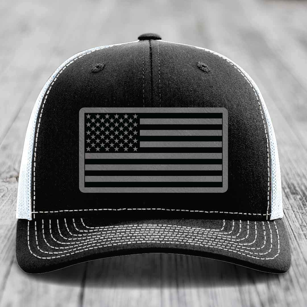 American Flag - Leather Patch Hat - Grey to Black Patch - Richardson 112 Snapback Trucker Hat