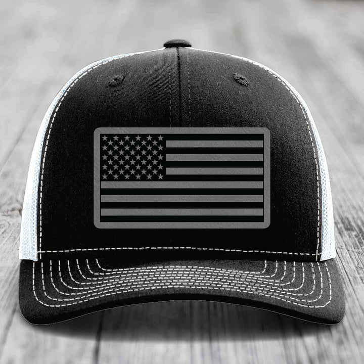 American Flag - Leather Patch Hat - Grey to Black Patch - Richardson 112 Snapback Trucker Hat