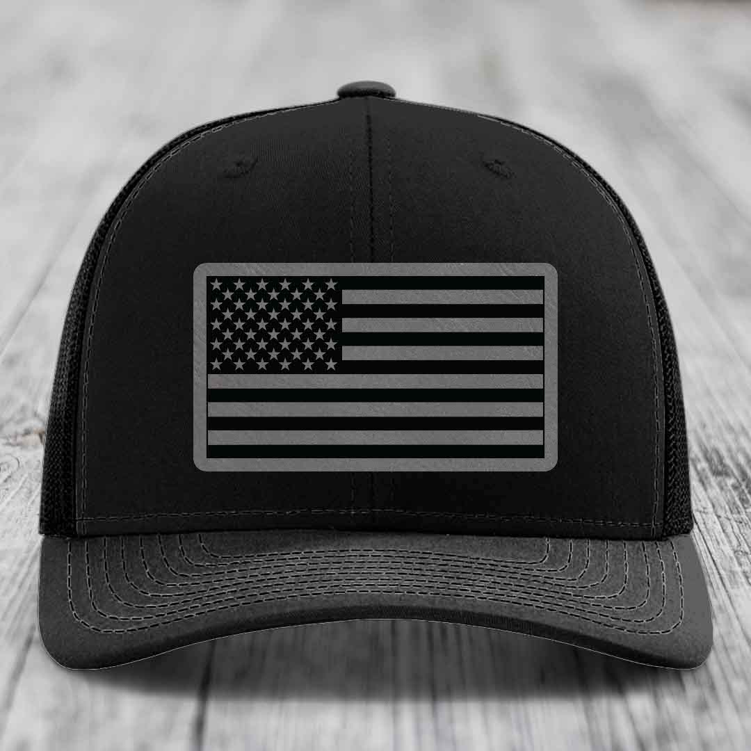 American Flag - Leather Patch Hat - Grey to Black Patch - Richardson 112 Snapback Trucker Hat
