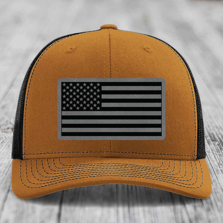 American Flag - Leather Patch Hat - Grey to Black Patch - Richardson 112 Snapback Trucker Hat