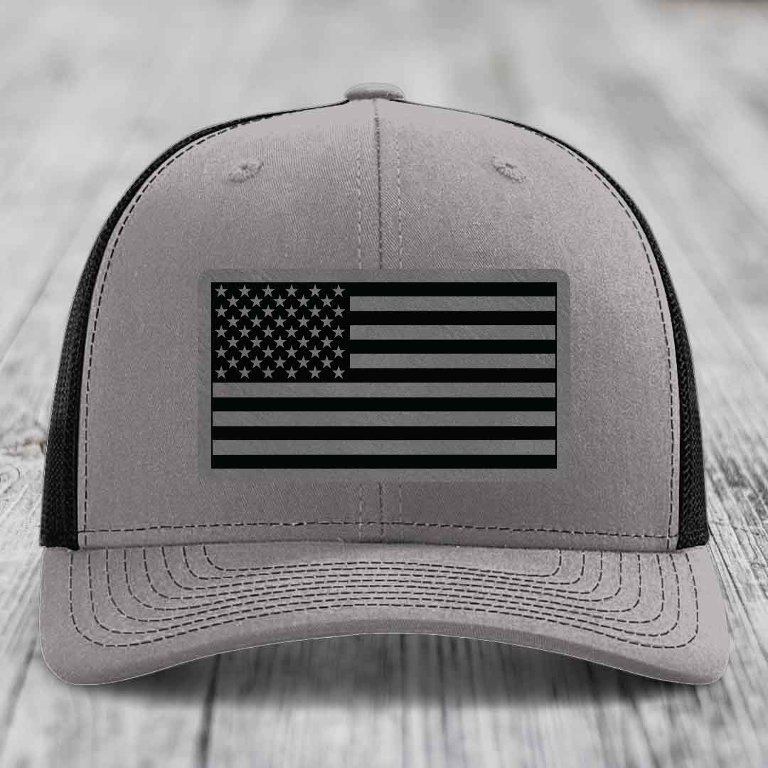 American Flag - Leather Patch Hat - Grey to Black Patch - Richardson 112 Snapback Trucker Hat