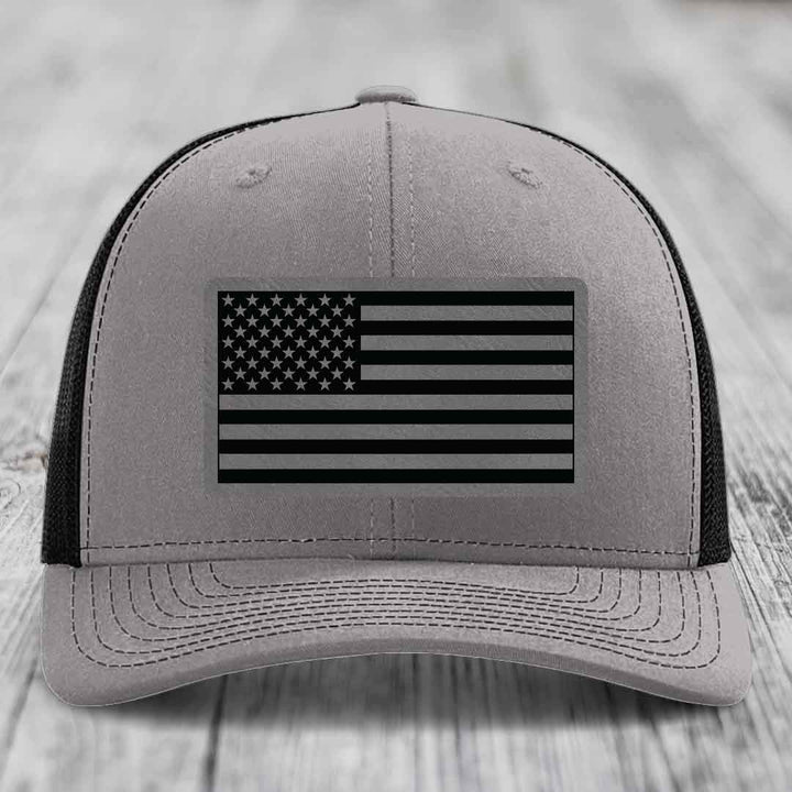 American Flag - Leather Patch Hat - Grey to Black Patch - Richardson 112 Snapback Trucker Hat