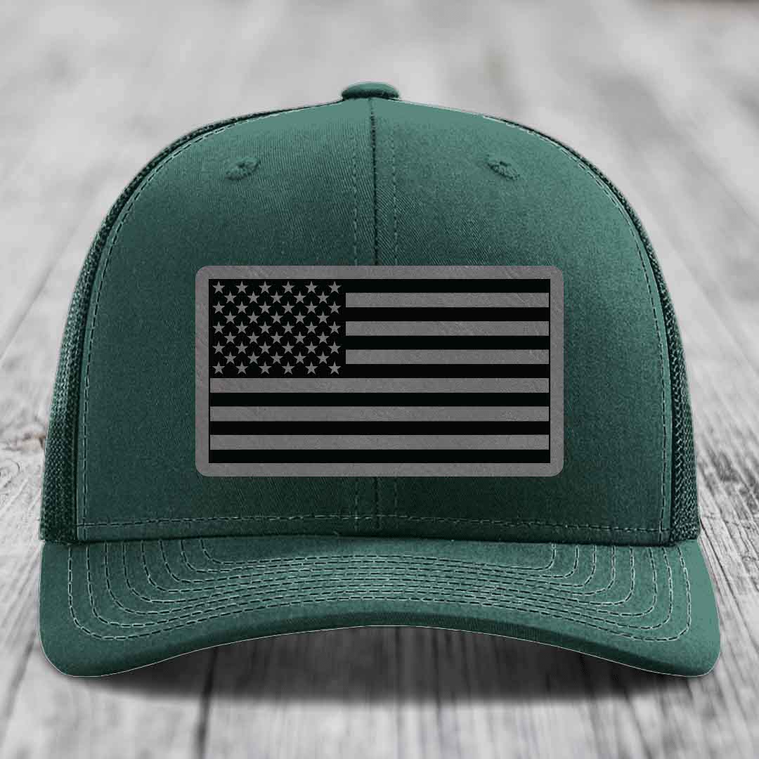 American Flag - Leather Patch Hat - Grey to Black Patch - Richardson 112 Snapback Trucker Hat