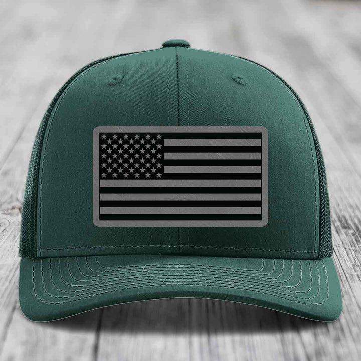 American Flag - Leather Patch Hat - Grey to Black Patch - Richardson 112 Snapback Trucker Hat