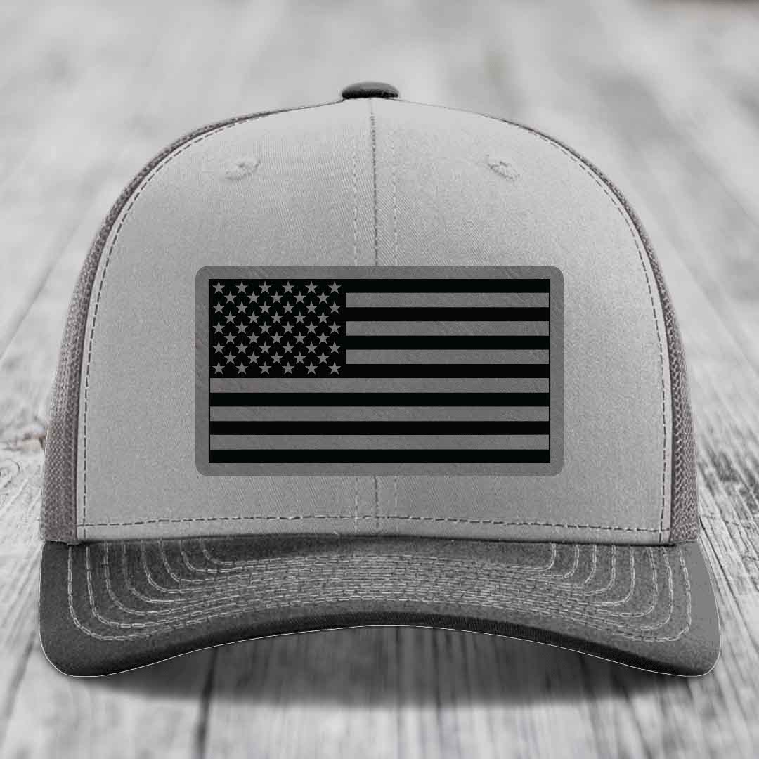 American Flag - Leather Patch Hat - Grey to Black Patch - Richardson 112 Snapback Trucker Hat