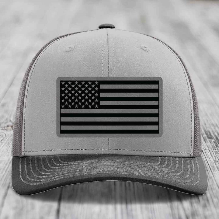 American Flag - Leather Patch Hat - Grey to Black Patch - Richardson 112 Snapback Trucker Hat