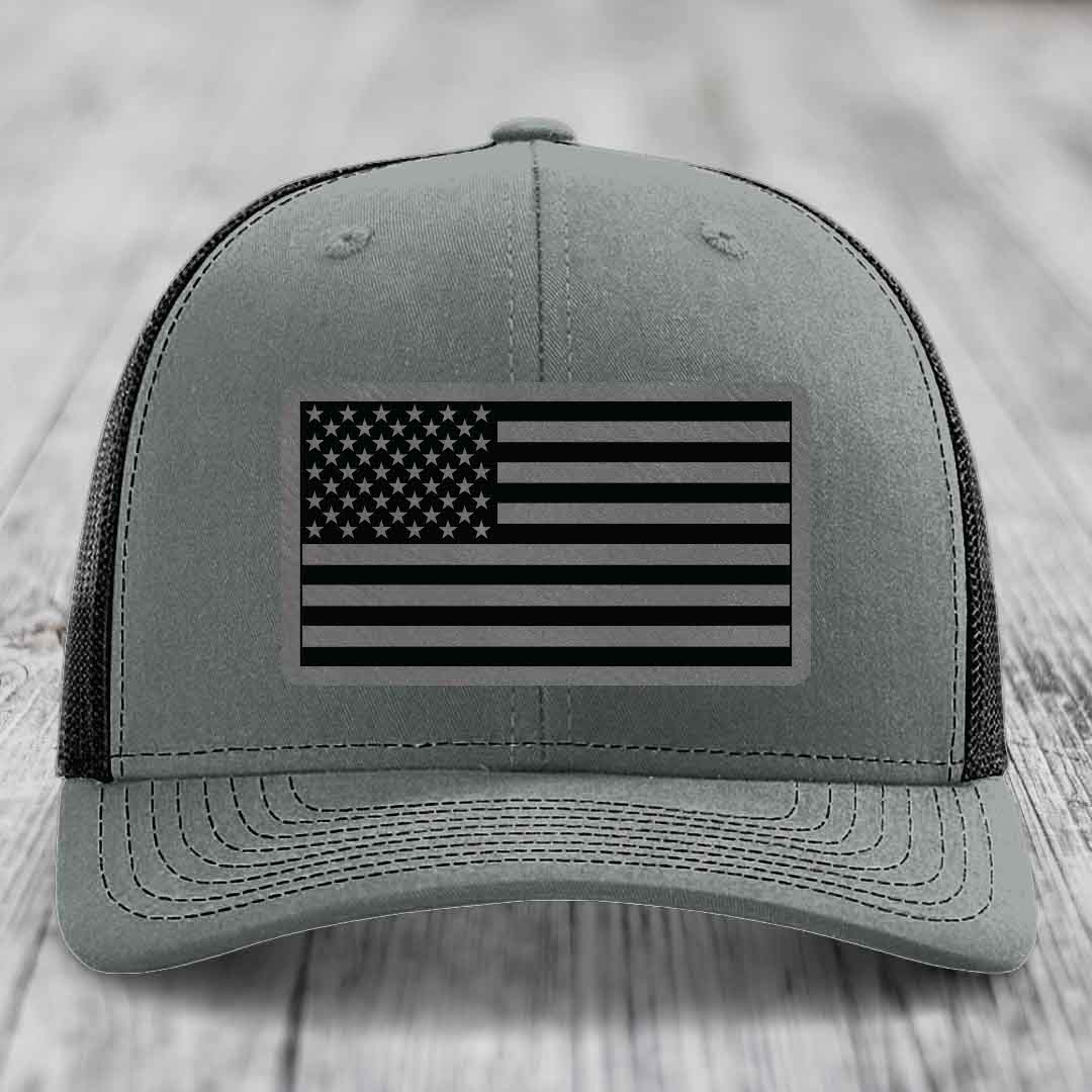 American Flag - Leather Patch Hat - Grey to Black Patch - Richardson 112 Snapback Trucker Hat