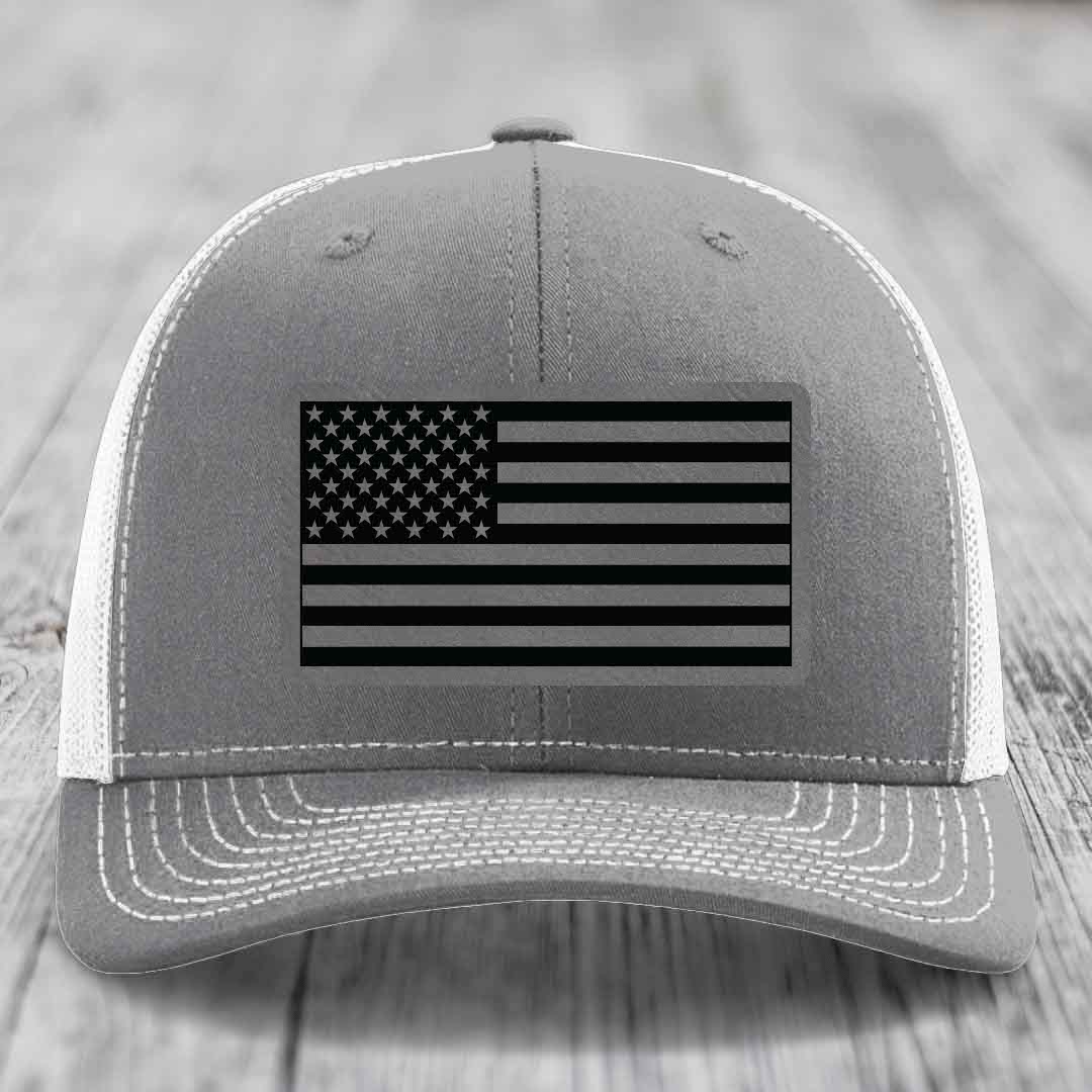 American Flag - Leather Patch Hat - Grey to Black Patch - Richardson 112 Snapback Trucker Hat