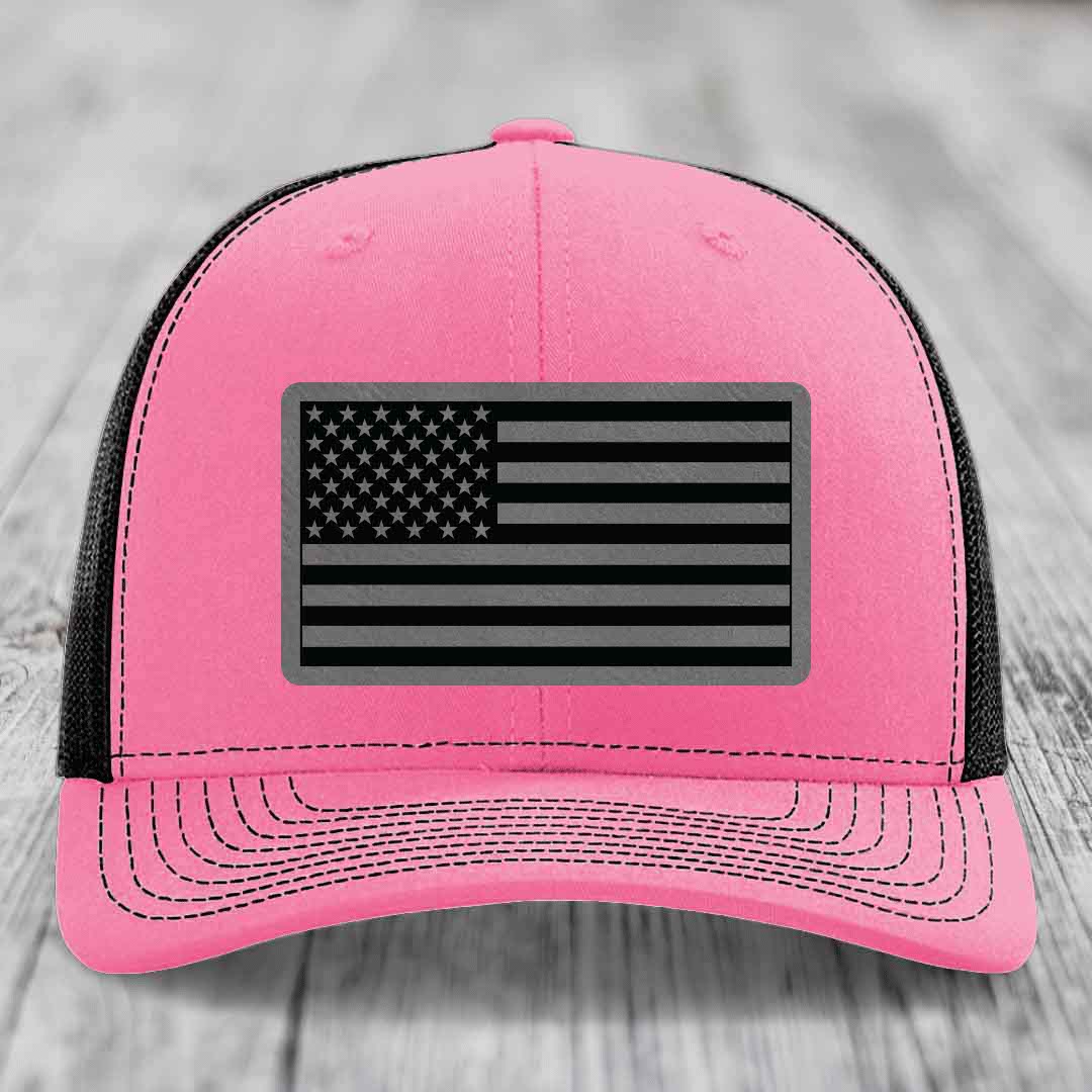 American Flag - Leather Patch Hat - Grey to Black Patch - Richardson 112 Snapback Trucker Hat