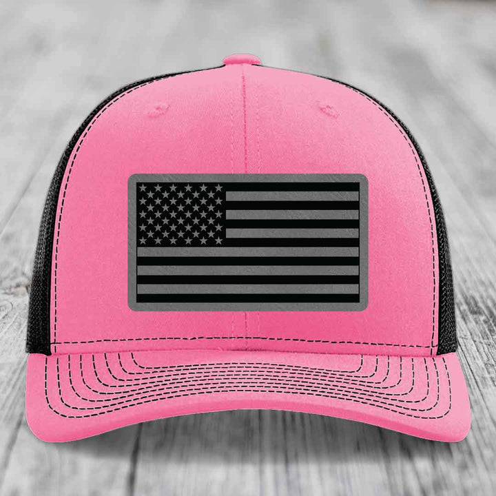 American Flag - Leather Patch Hat - Grey to Black Patch - Richardson 112 Snapback Trucker Hat