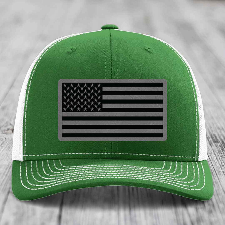 American Flag - Leather Patch Hat - Grey to Black Patch - Richardson 112 Snapback Trucker Hat
