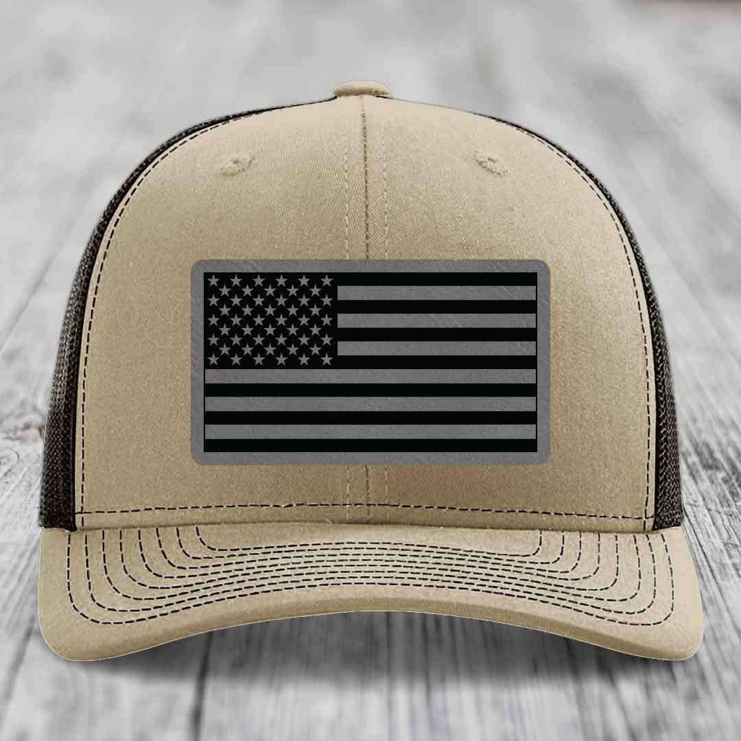 American Flag - Leather Patch Hat - Grey to Black Patch - Richardson 112 Snapback Trucker Hat