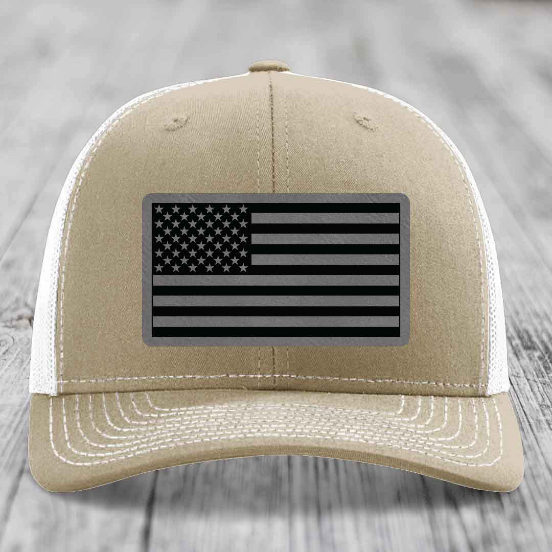American Flag - Leather Patch Hat - Grey to Black Patch - Richardson 112 Snapback Trucker Hat