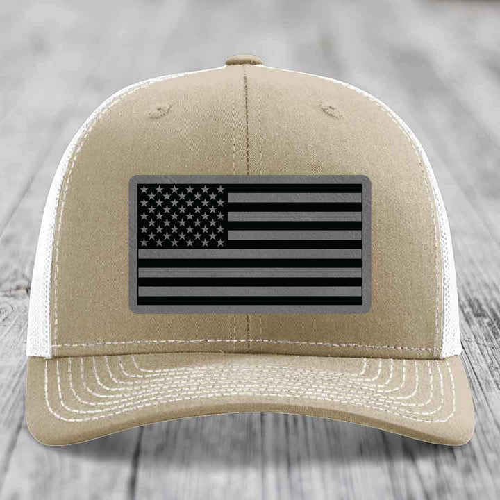 American Flag - Leather Patch Hat - Grey to Black Patch - Richardson 112 Snapback Trucker Hat