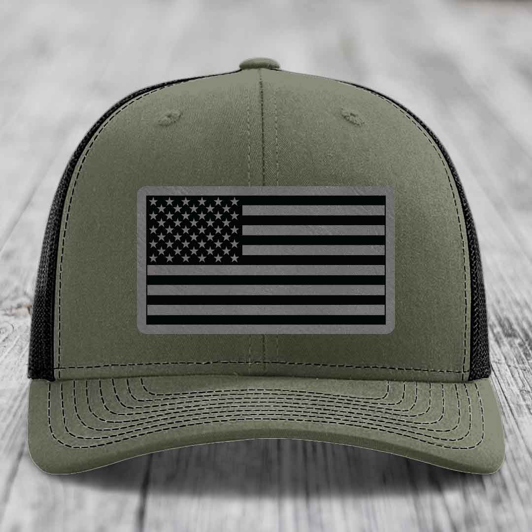 American Flag - Leather Patch Hat - Grey to Black Patch - Richardson 112 Snapback Trucker Hat