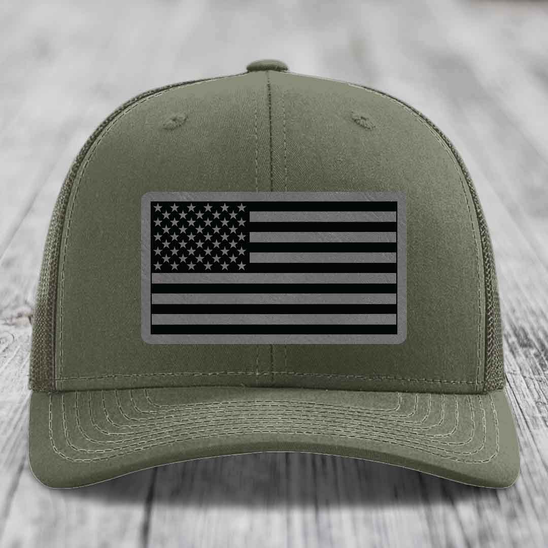 American Flag - Leather Patch Hat - Grey to Black Patch - Richardson 112 Snapback Trucker Hat