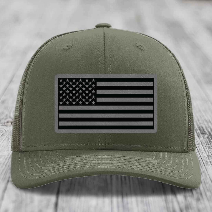 American Flag - Leather Patch Hat - Grey to Black Patch - Richardson 112 Snapback Trucker Hat