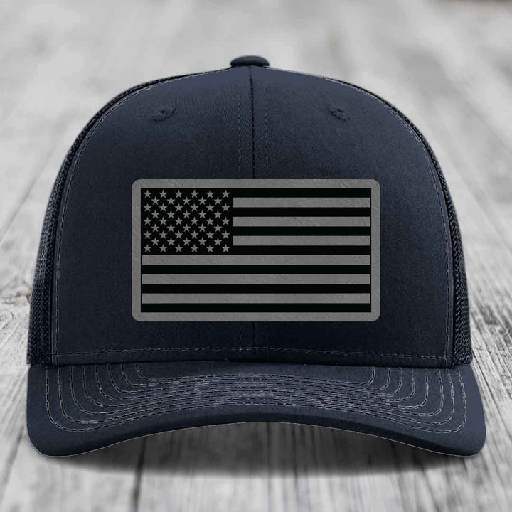 American Flag - Leather Patch Hat - Grey to Black Patch - Richardson 112 Snapback Trucker Hat