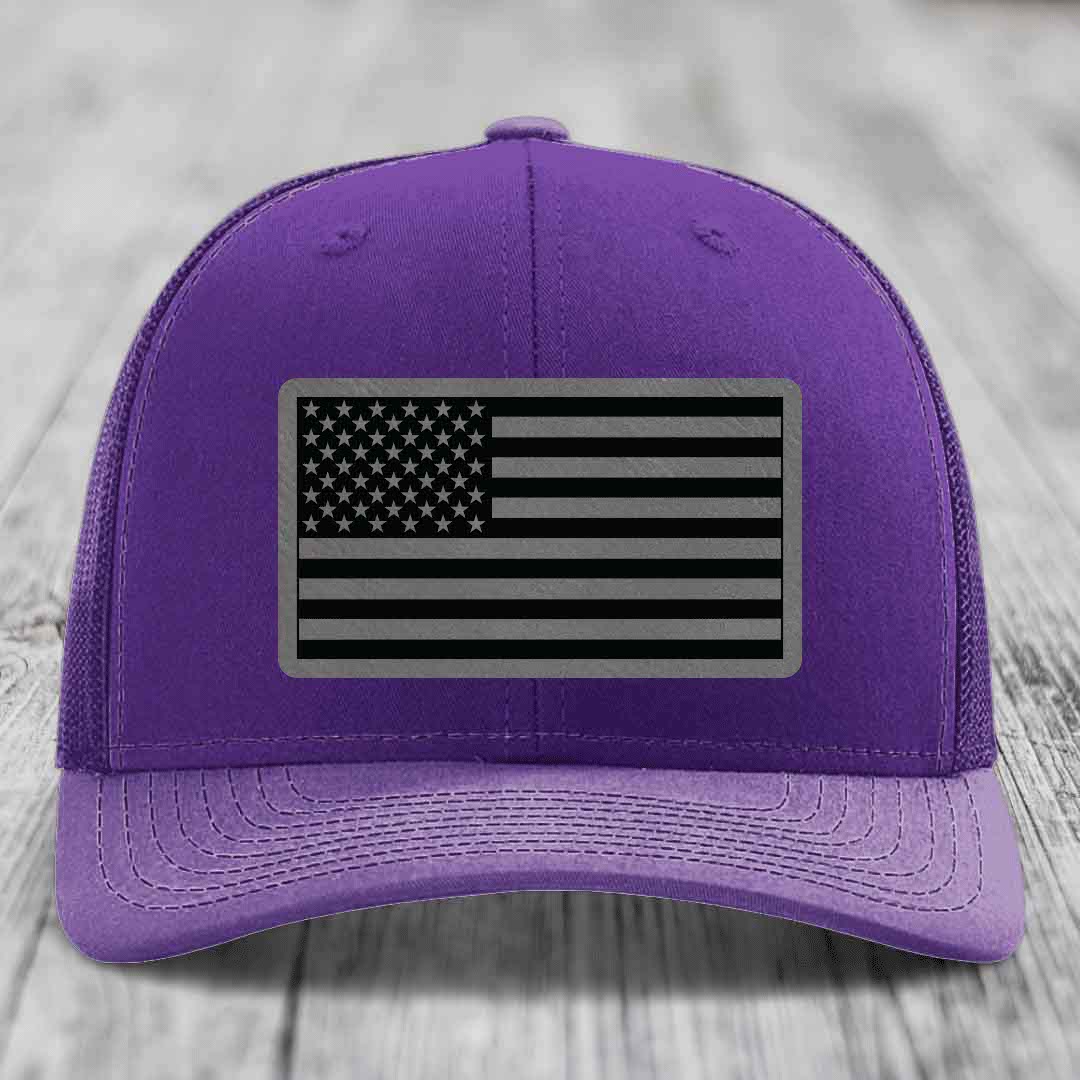 American Flag - Leather Patch Hat - Grey to Black Patch - Richardson 112 Snapback Trucker Hat