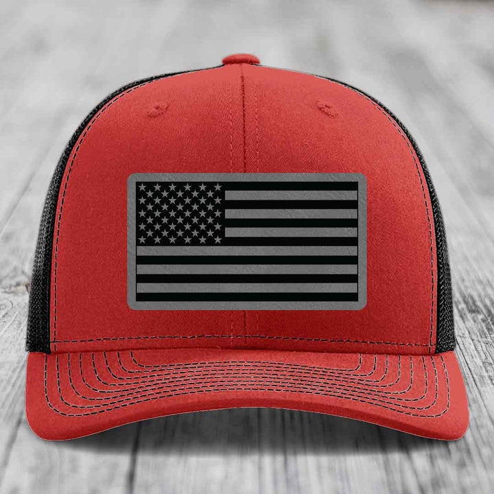 American Flag - Leather Patch Hat - Grey to Black Patch - Richardson 112 Snapback Trucker Hat