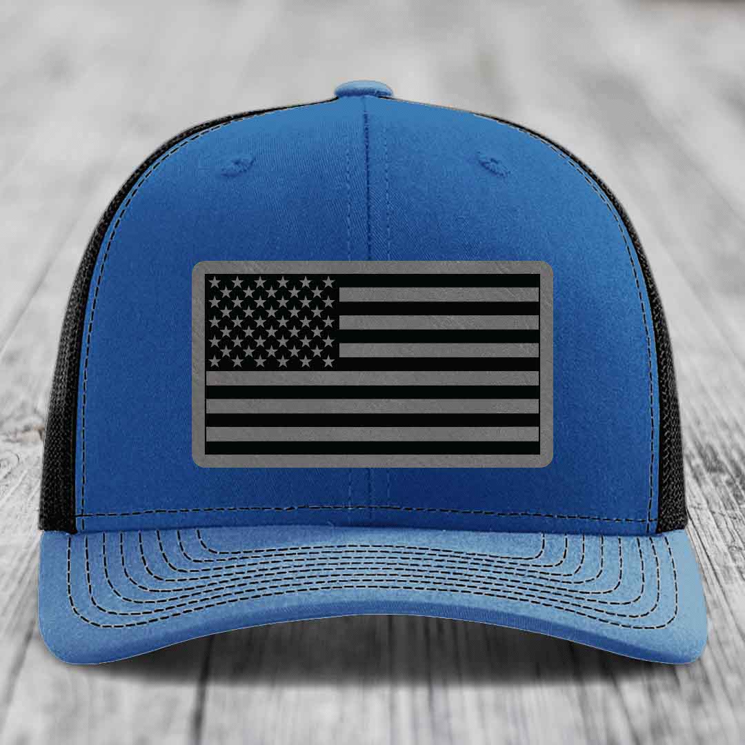 American Flag - Leather Patch Hat - Grey to Black Patch - Richardson 112 Snapback Trucker Hat