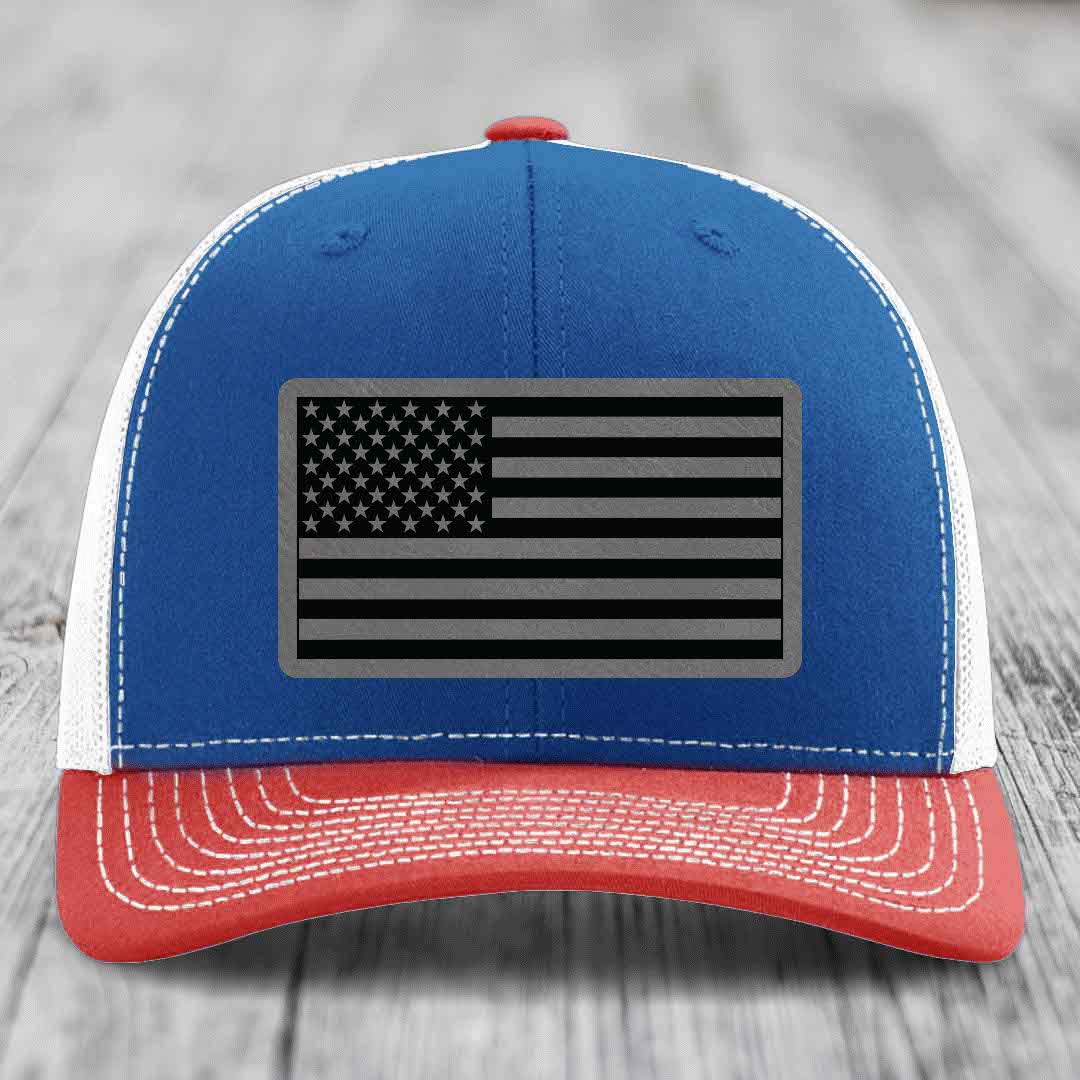 American Flag - Leather Patch Hat - Grey to Black Patch - Richardson 112 Snapback Trucker Hat