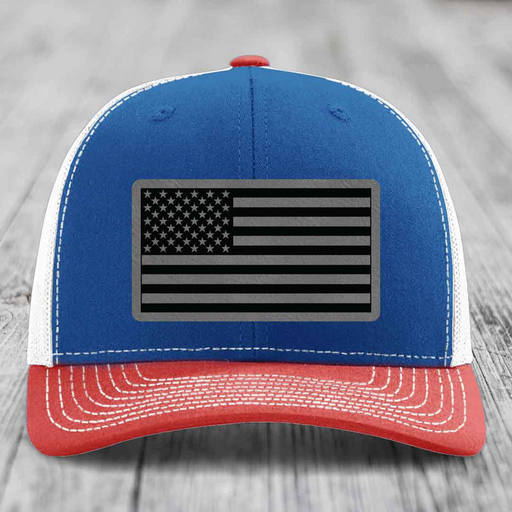 American Flag - Leather Patch Hat - Grey to Black Patch - Richardson 112 Snapback Trucker Hat