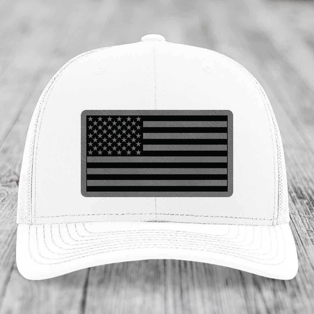 American Flag - Leather Patch Hat - Grey to Black Patch - Richardson 112 Snapback Trucker Hat