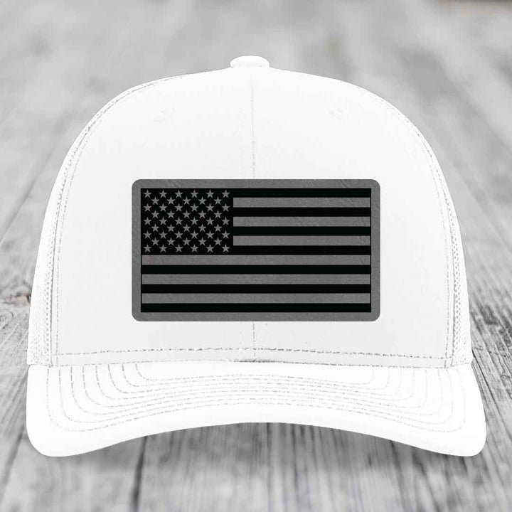American Flag - Leather Patch Hat - Grey to Black Patch - Richardson 112 Snapback Trucker Hat