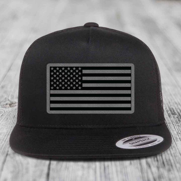 American Flag - Leather Patch Hat - Grey to Black Patch - Yupoong 6006 Snapback Flatbill Hat
