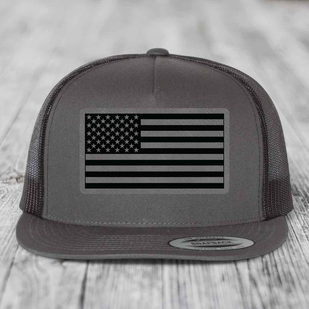 American Flag - Leather Patch Hat - Grey to Black Patch - Yupoong 6006 Snapback Flatbill Hat