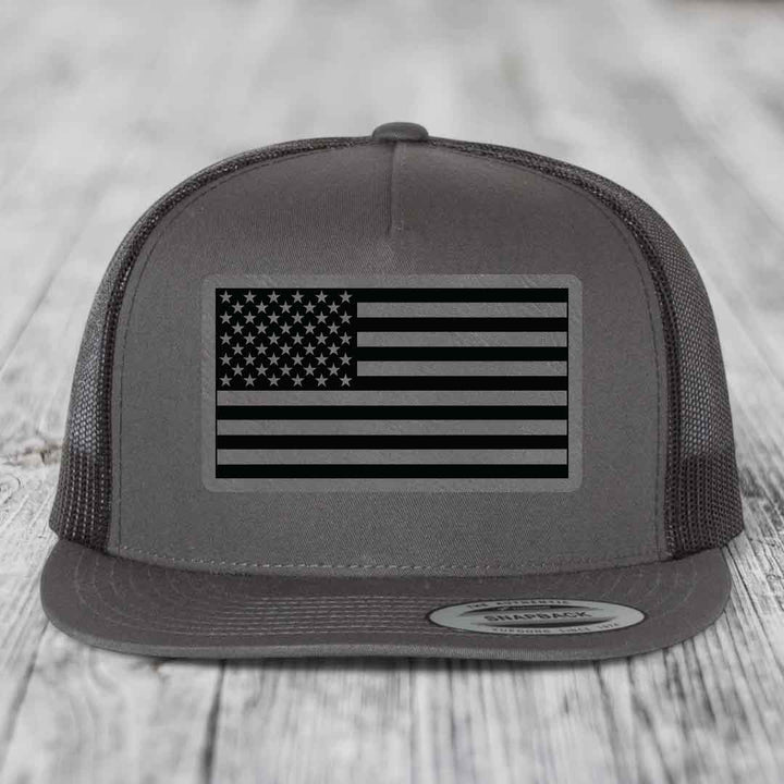 American Flag - Leather Patch Hat - Grey to Black Patch - Yupoong 6006 Snapback Flatbill Hat