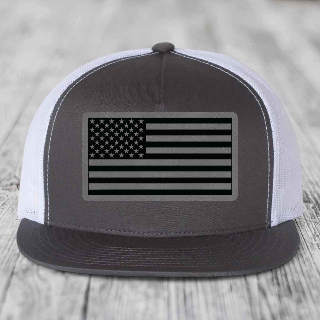 American Flag - Leather Patch Hat - Grey to Black Patch - Yupoong 6006 Snapback Flatbill Hat