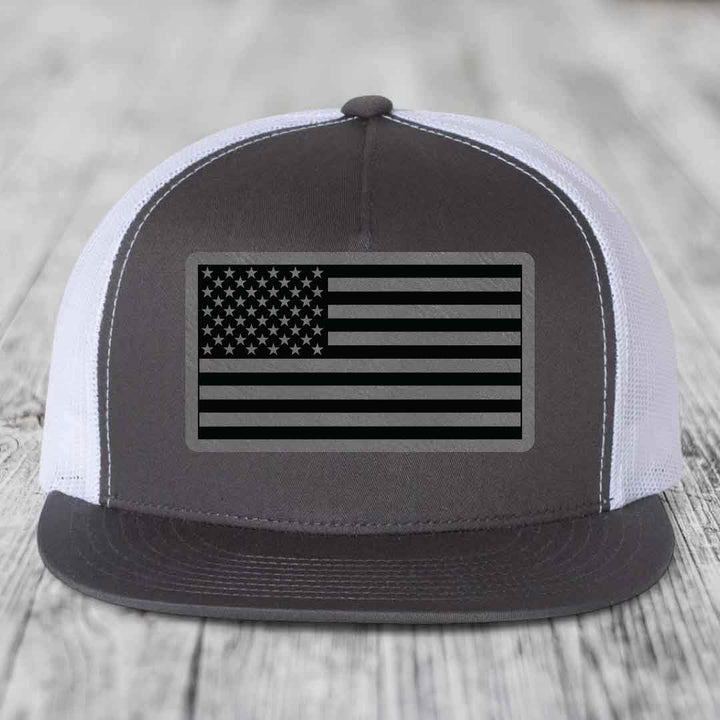 American Flag - Leather Patch Hat - Grey to Black Patch - Yupoong 6006 Snapback Flatbill Hat