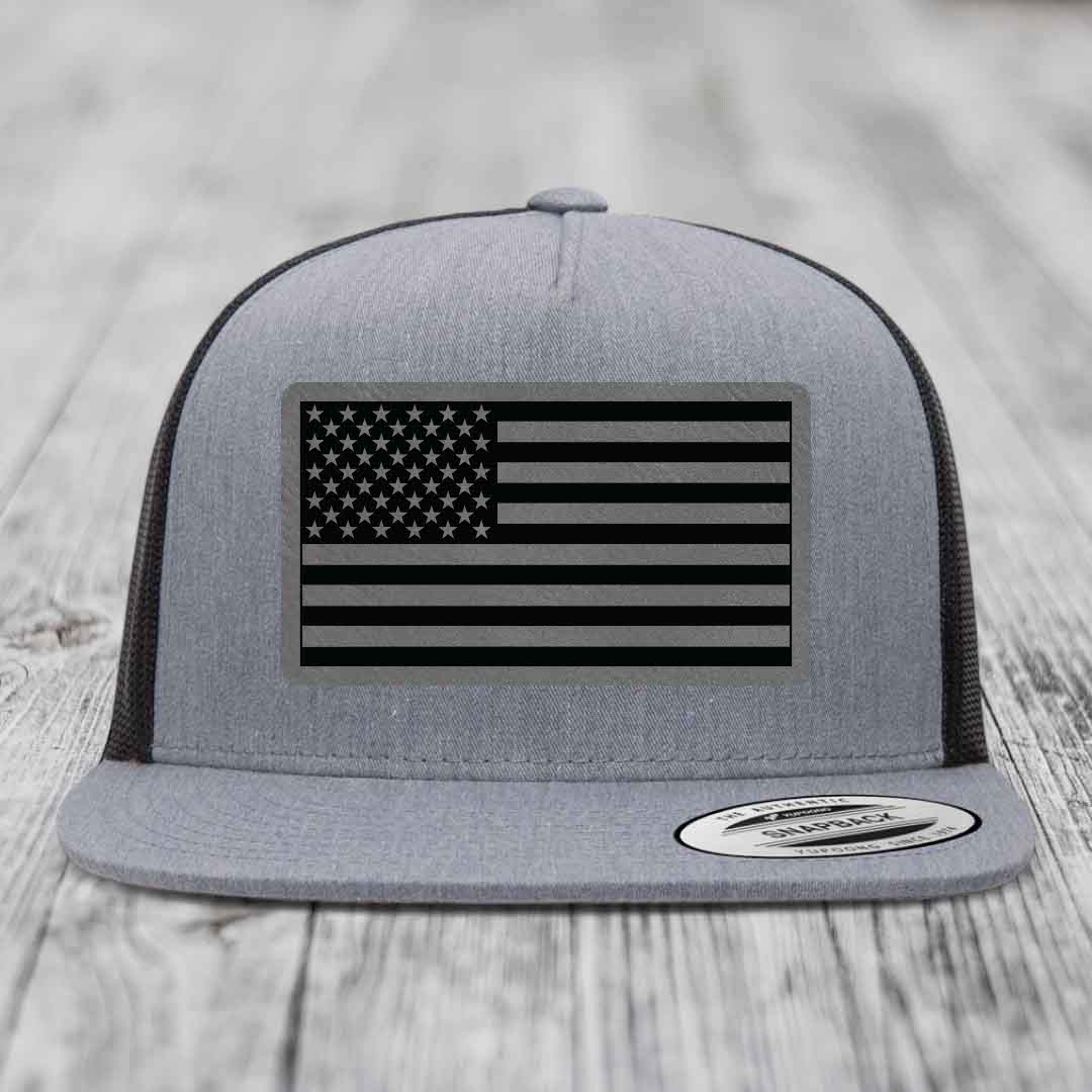 American Flag - Leather Patch Hat - Grey to Black Patch - Yupoong 6006 Snapback Flatbill Hat