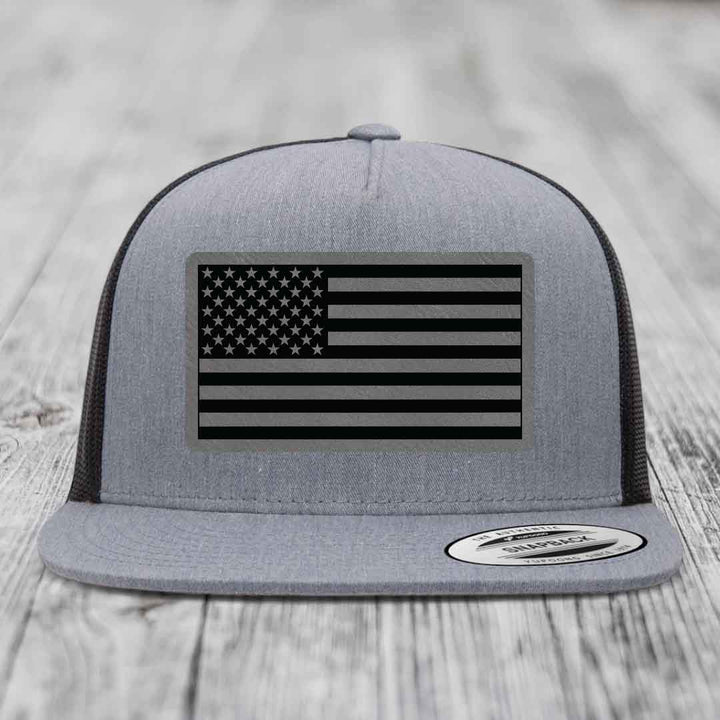 American Flag - Leather Patch Hat - Grey to Black Patch - Yupoong 6006 Snapback Flatbill Hat