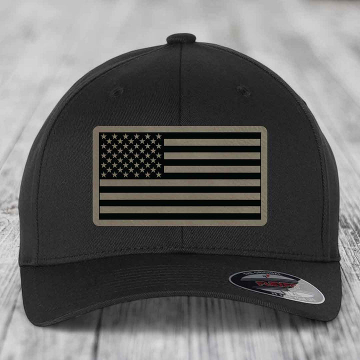American Flag - Leather Patch Hat - Light Brown to Black Patch - Flexfit 6277 Fitted Hat