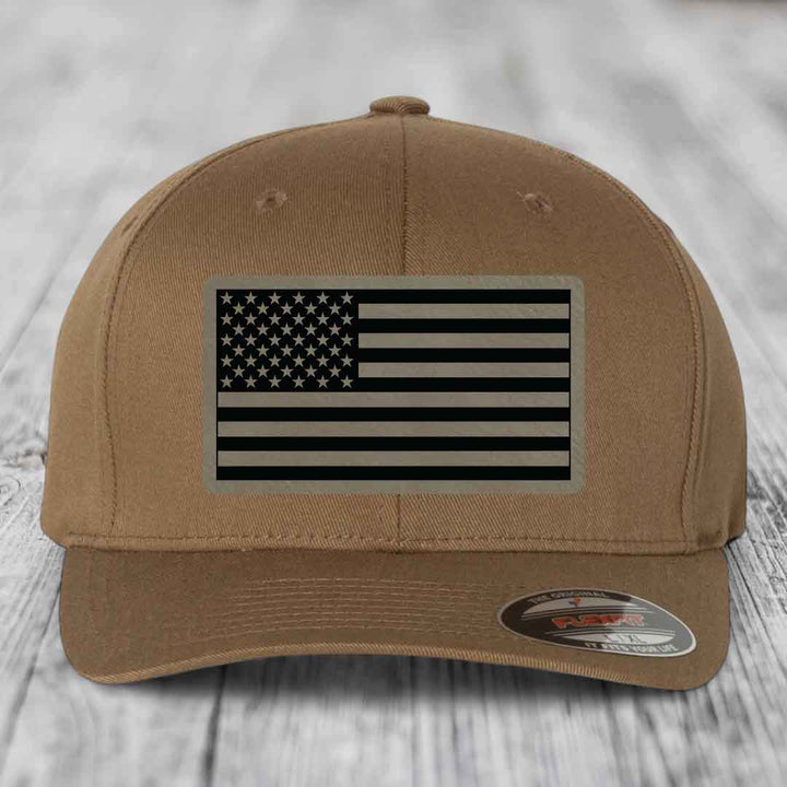American Flag - Leather Patch Hat - Light Brown to Black Patch - Flexfit 6277 Fitted Hat