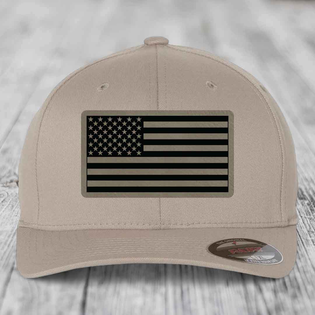 American Flag - Leather Patch Hat - Light Brown to Black Patch - Flexfit 6277 Fitted Hat