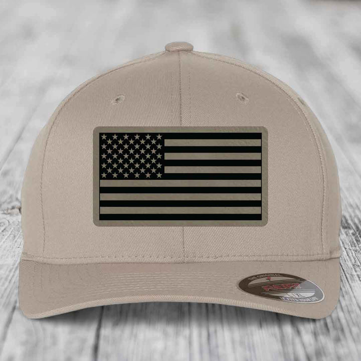 American Flag - Leather Patch Hat - Light Brown to Black Patch - Flexfit 6277 Fitted Hat