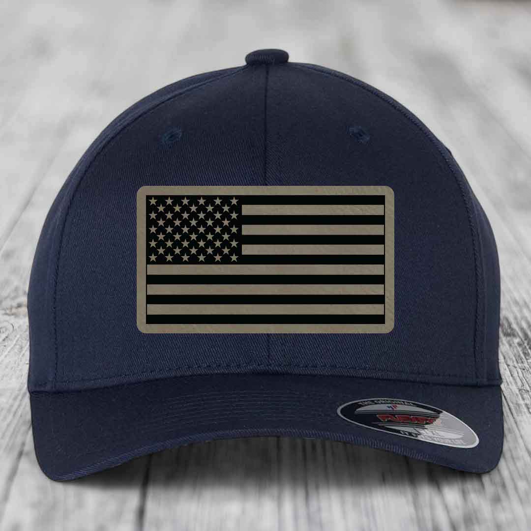 American Flag - Leather Patch Hat - Light Brown to Black Patch - Flexfit 6277 Fitted Hat