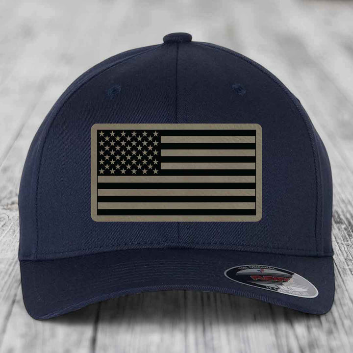 American Flag - Leather Patch Hat - Light Brown to Black Patch - Flexfit 6277 Fitted Hat